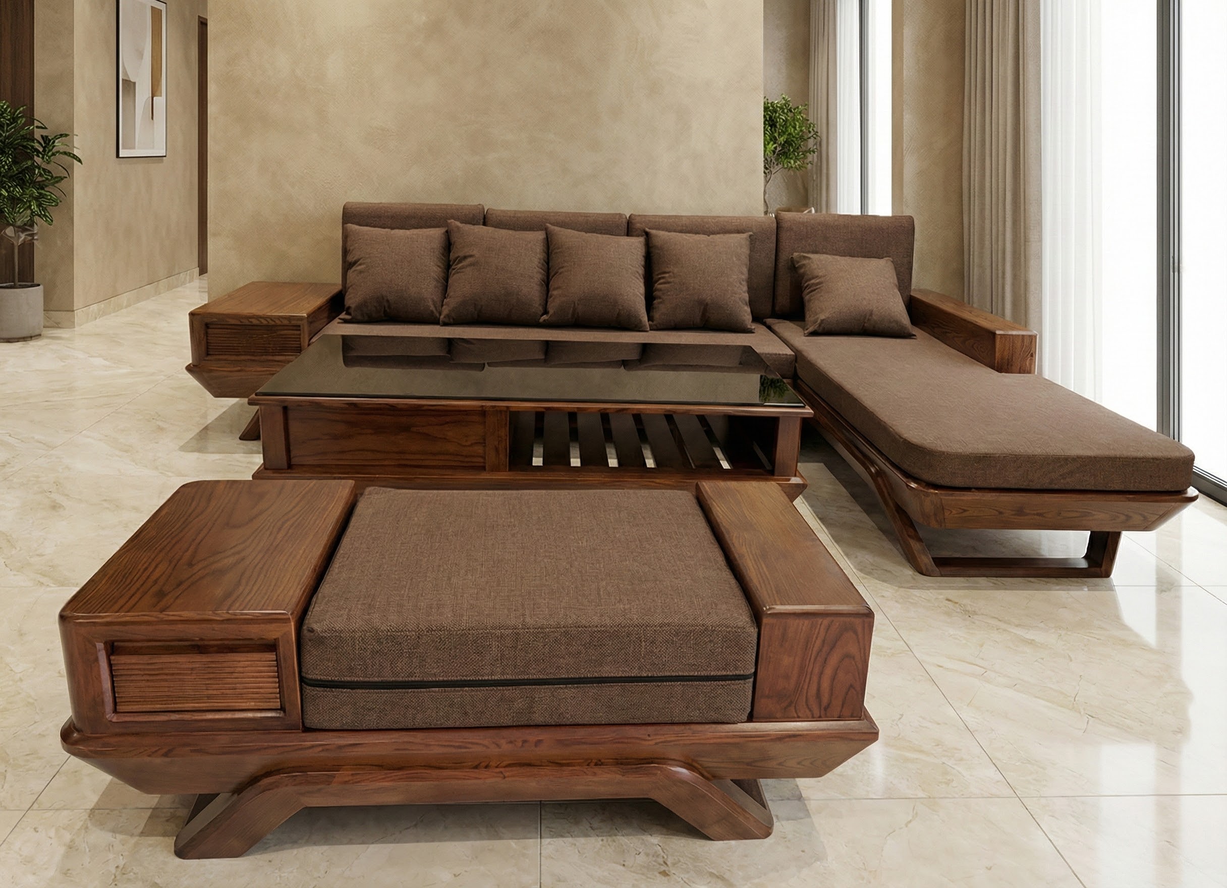 Bộ sofa chân thuyền gỗ gõ đỏ và đệm corona (Sao chép)