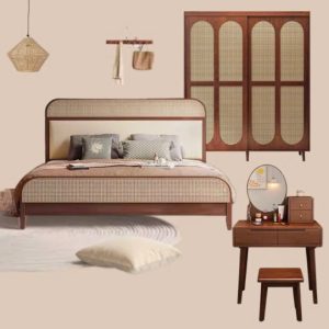 Bộ sản phẩm phòng ngủ 100, gỗ tự nhiên cổ điển cao cấp, hoạ tiết mây tre đan vintage tối giản cho