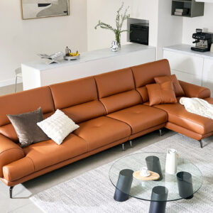Ghế sofa Rudia 6 chỗ dạng couch da bò nguyên tấm cao cấp kèm 2 gối