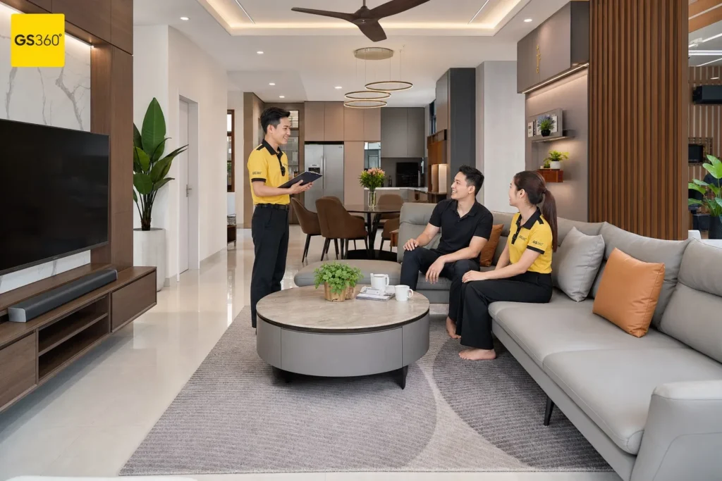 Bàn cà phê oval giữa sofa góc L phòng khách