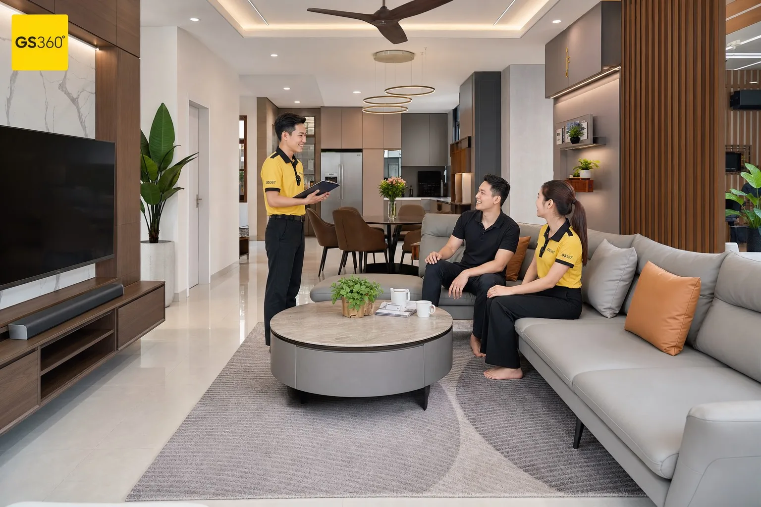 Bàn cà phê oval giữa sofa góc L phòng khách