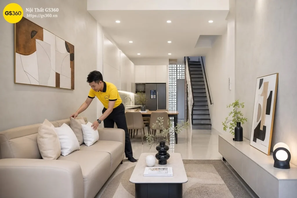 Sofa bố trí dọc phòng khách dài hẹp nhà ống
