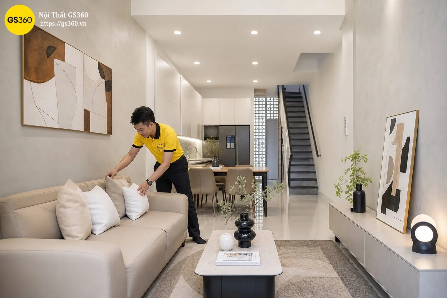 Sofa bố trí dọc phòng khách dài hẹp nhà ống