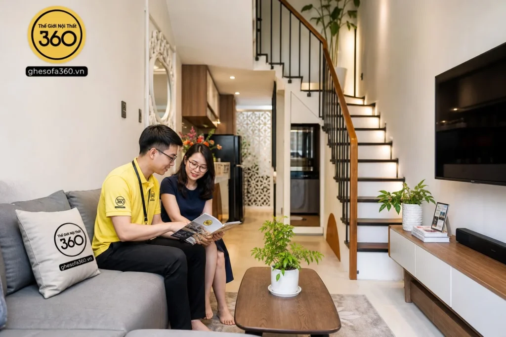 Sofa nhà ống hẹp dài phòng khách kiểu Việt Nam