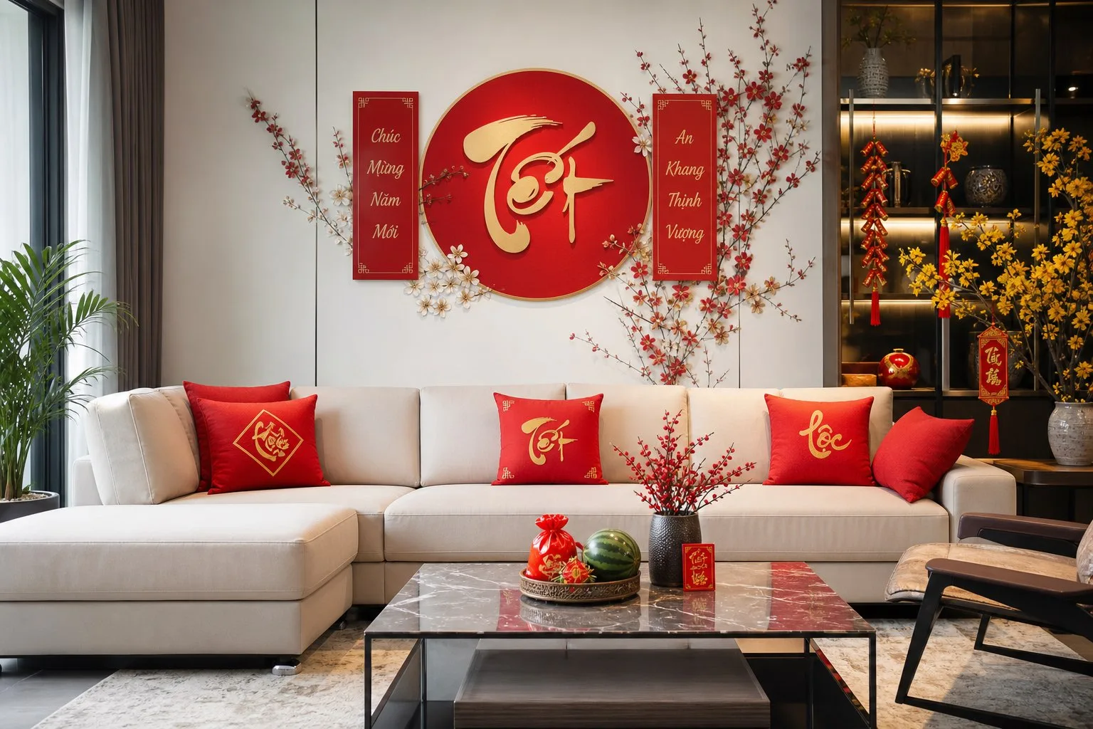 Sofa phủ khăn đỏ và gối Tết phòng khách Việt Nam