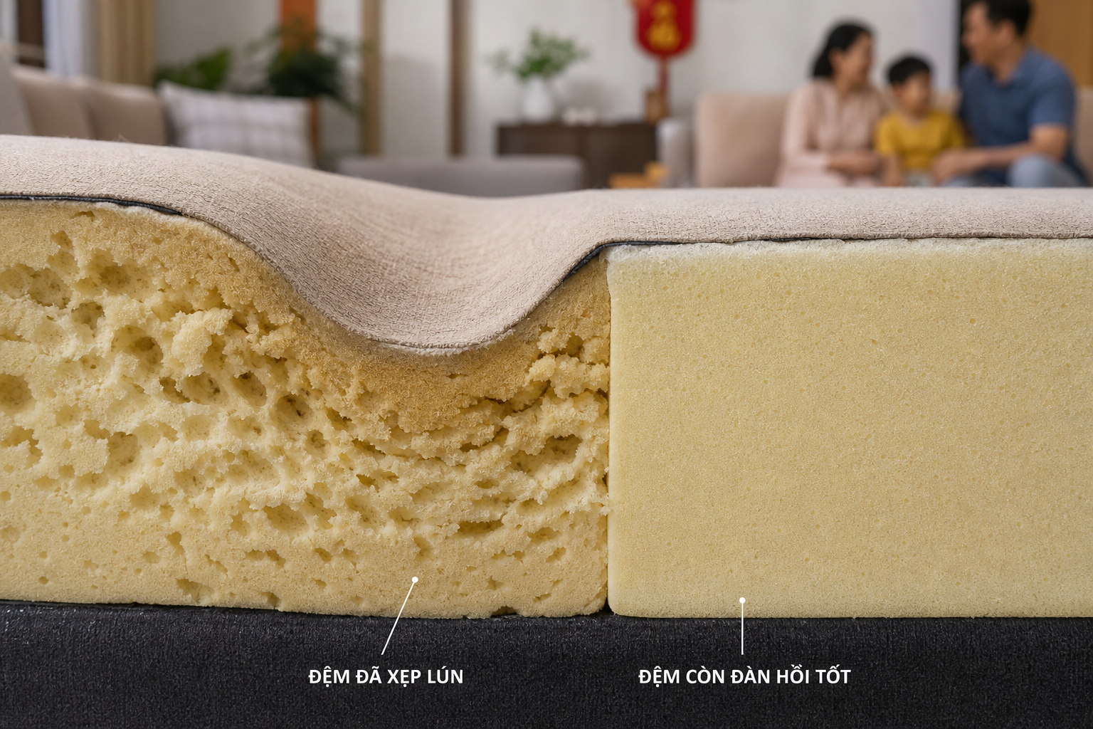 đệm sofa bị xẹp lõm một bên ghế ngồi