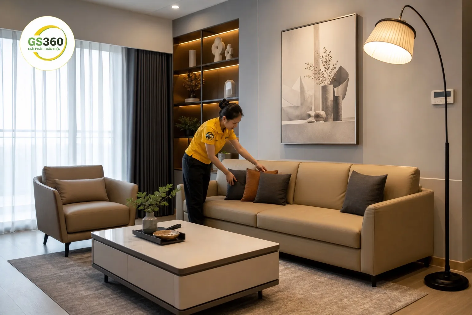 Đèn đứng phòng khách cạnh sofa vải be