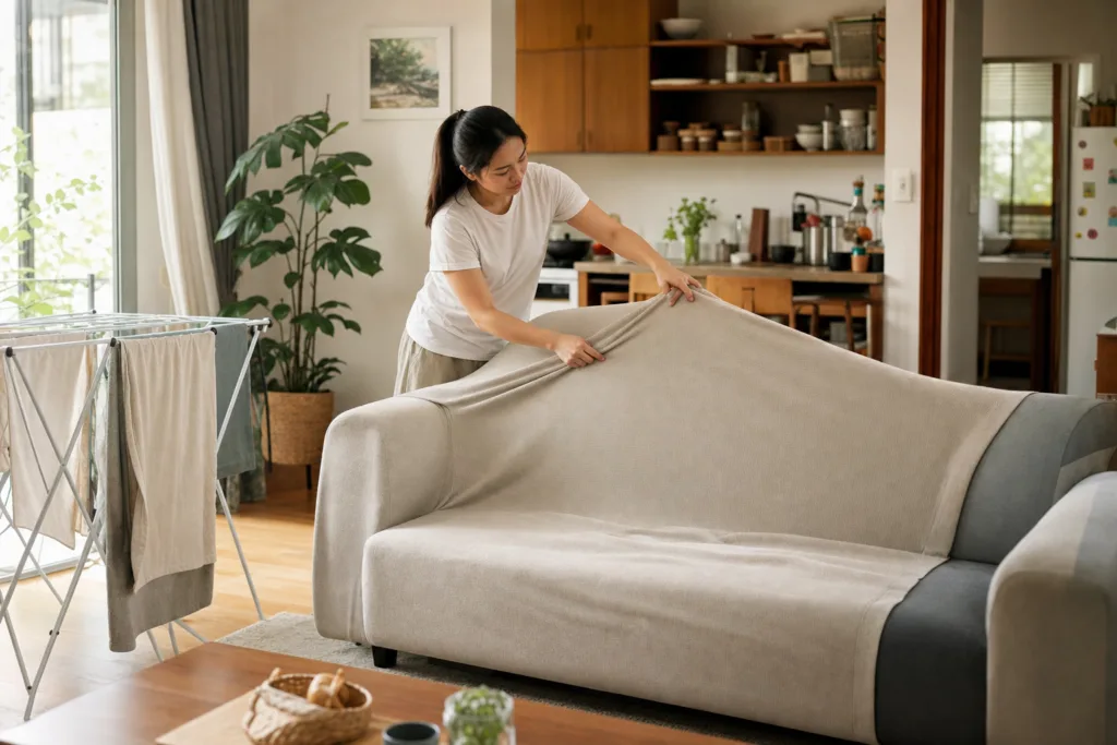 giặt vỏ bọc sofa tháo rời phơi sau giặt