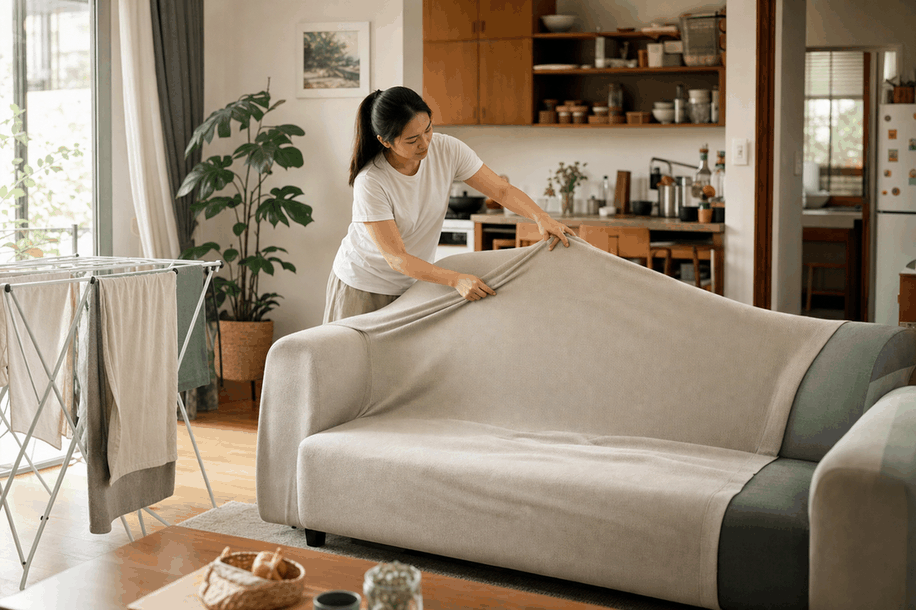 giặt vỏ bọc sofa tháo rời phơi sau giặt