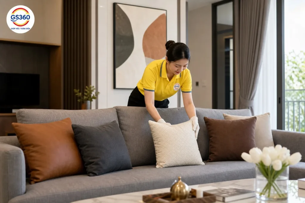 Gối tựa lưng phối màu trên sofa vải xám
