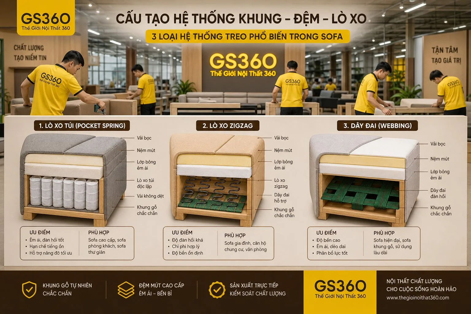 hệ thống lò xo túi zigzag dây đai trong sofa so sánh
