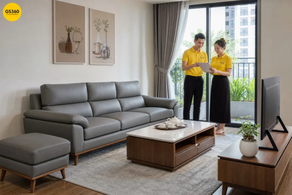 Kệ tivi thấp phối sofa vải xám phòng khách