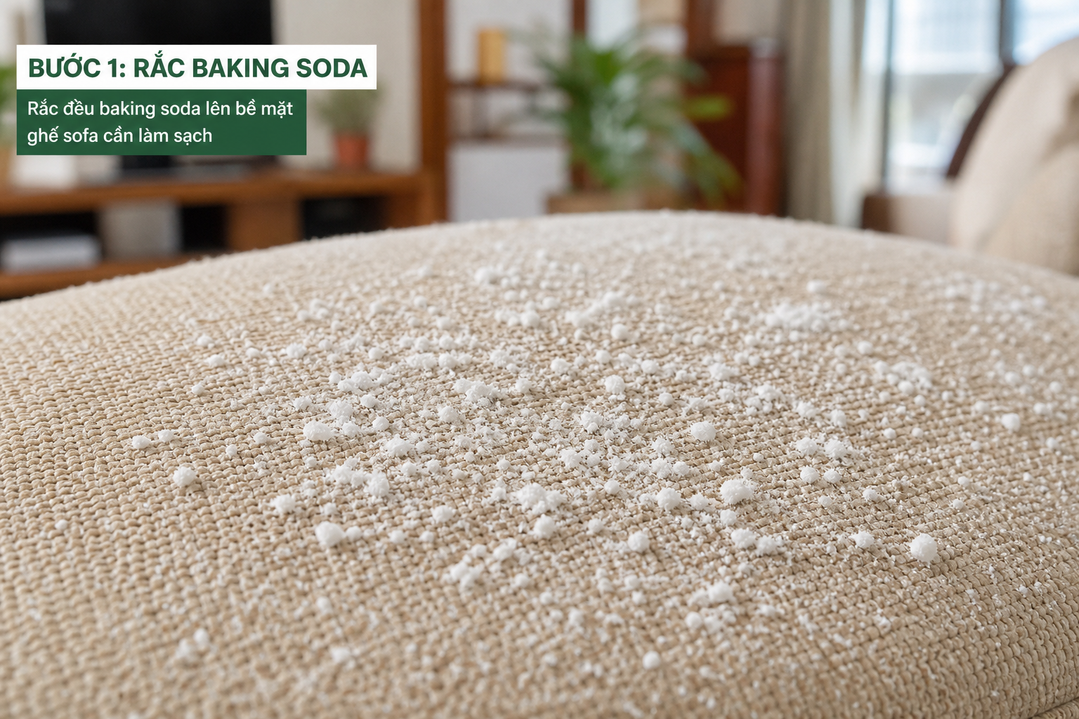 khử mùi hôi sofa vải bằng baking soda phòng khách