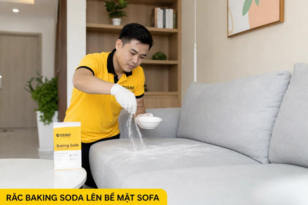 khử mùi hôi sofa vải bằng baking soda phòng khách