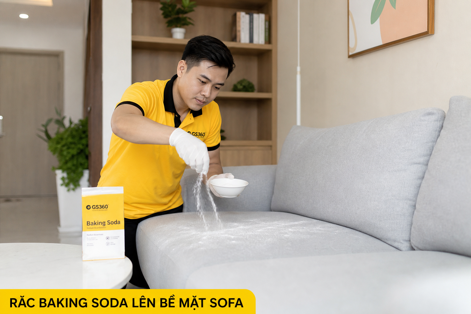 khử mùi hôi sofa vải bằng baking soda phòng khách