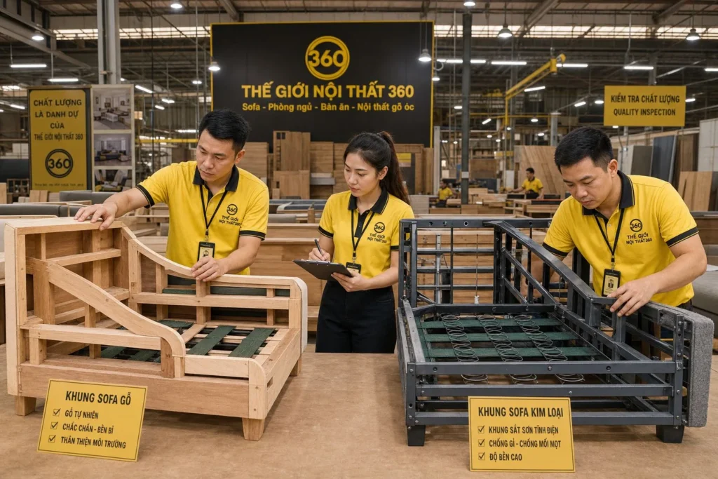 khung sofa gỗ và khung sofa kim loại so sánh tại xưởng