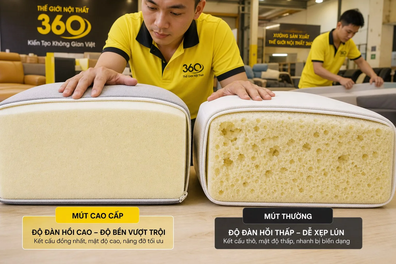 mút cao su non và mút xốp thường trong đệm sofa