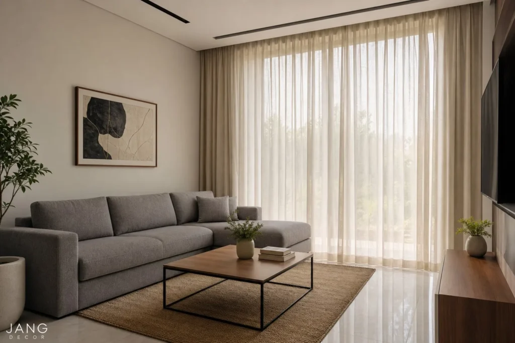 Rèm linen kem phối sofa xám phòng khách