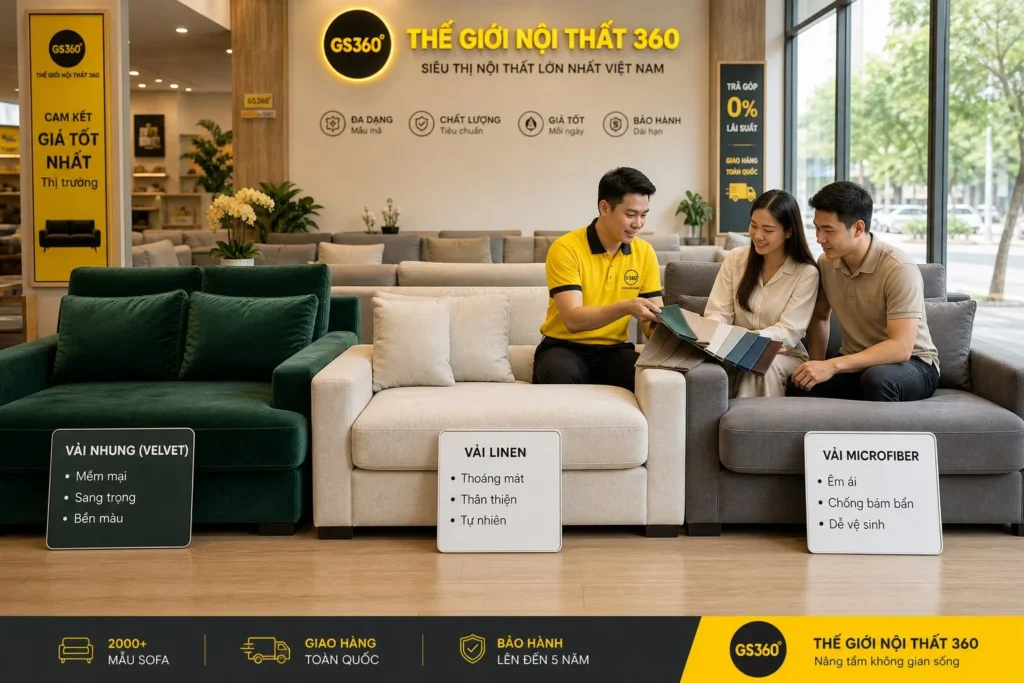 so sánh chất liệu sofa vải nhung bố microfiber tại showroom
