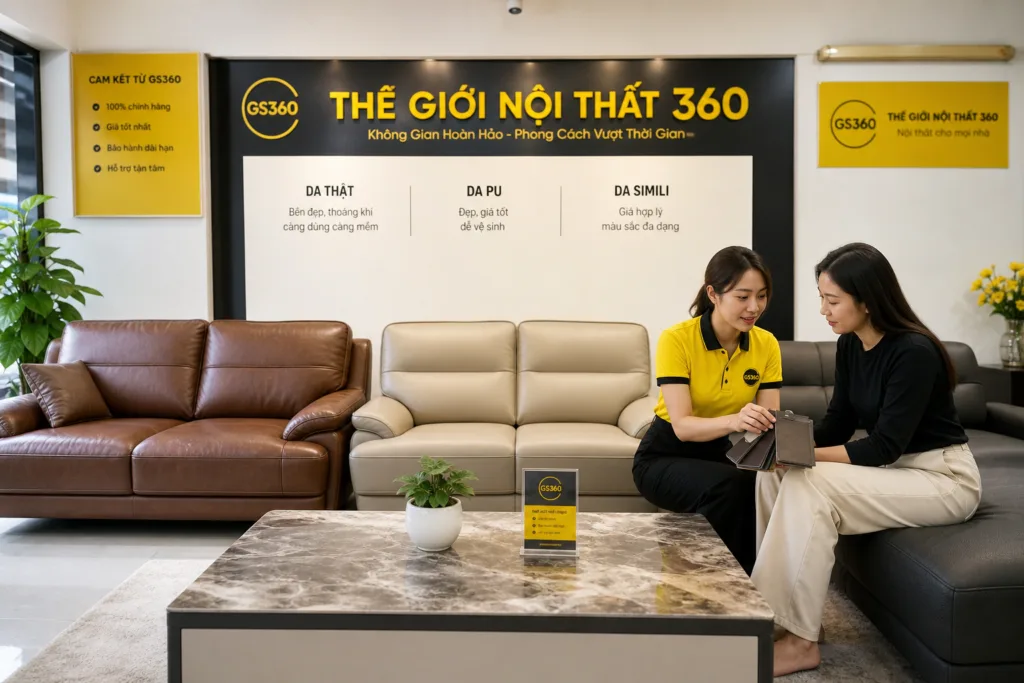 so sánh sofa da thật da PU và simili tại showroom
