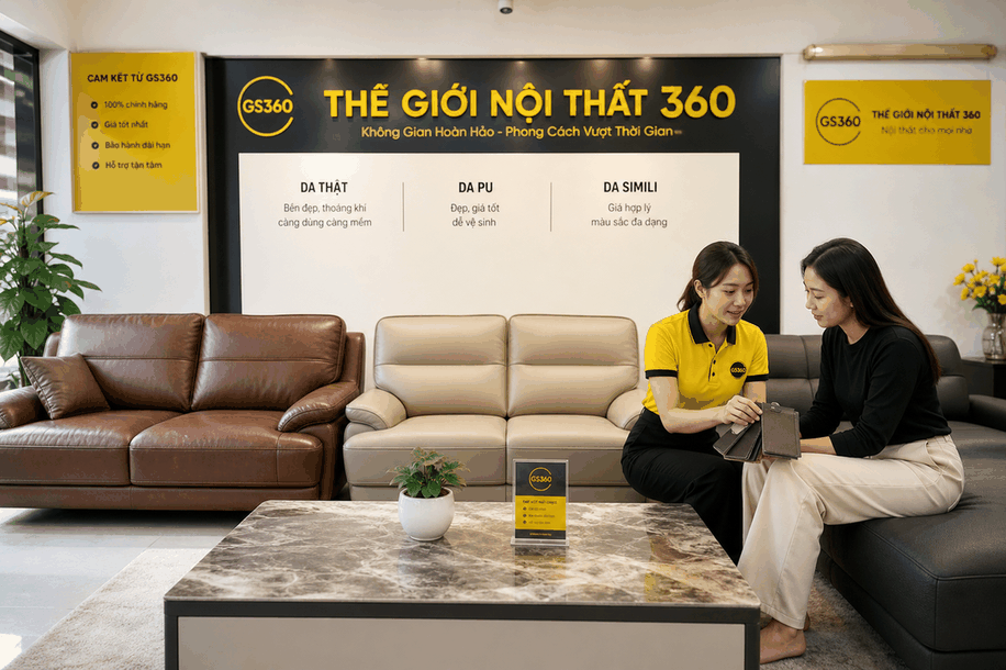 so sánh sofa da thật da PU và simili tại showroom