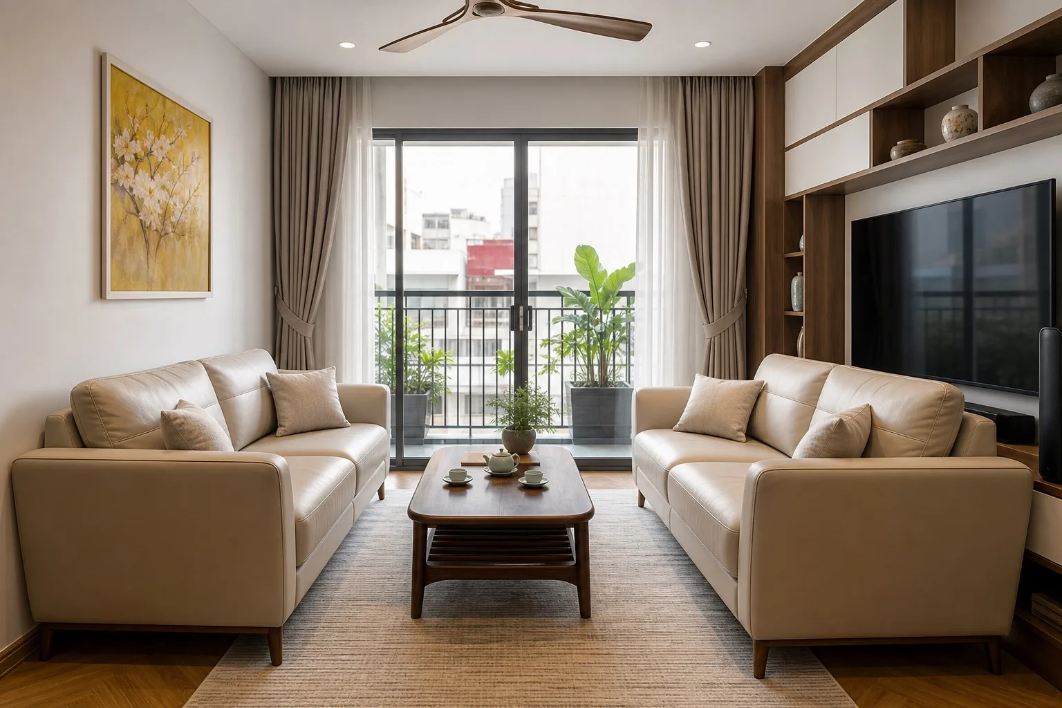 Hai ghế đơn đối diện sofa 2 chỗ phòng khách nhỏ