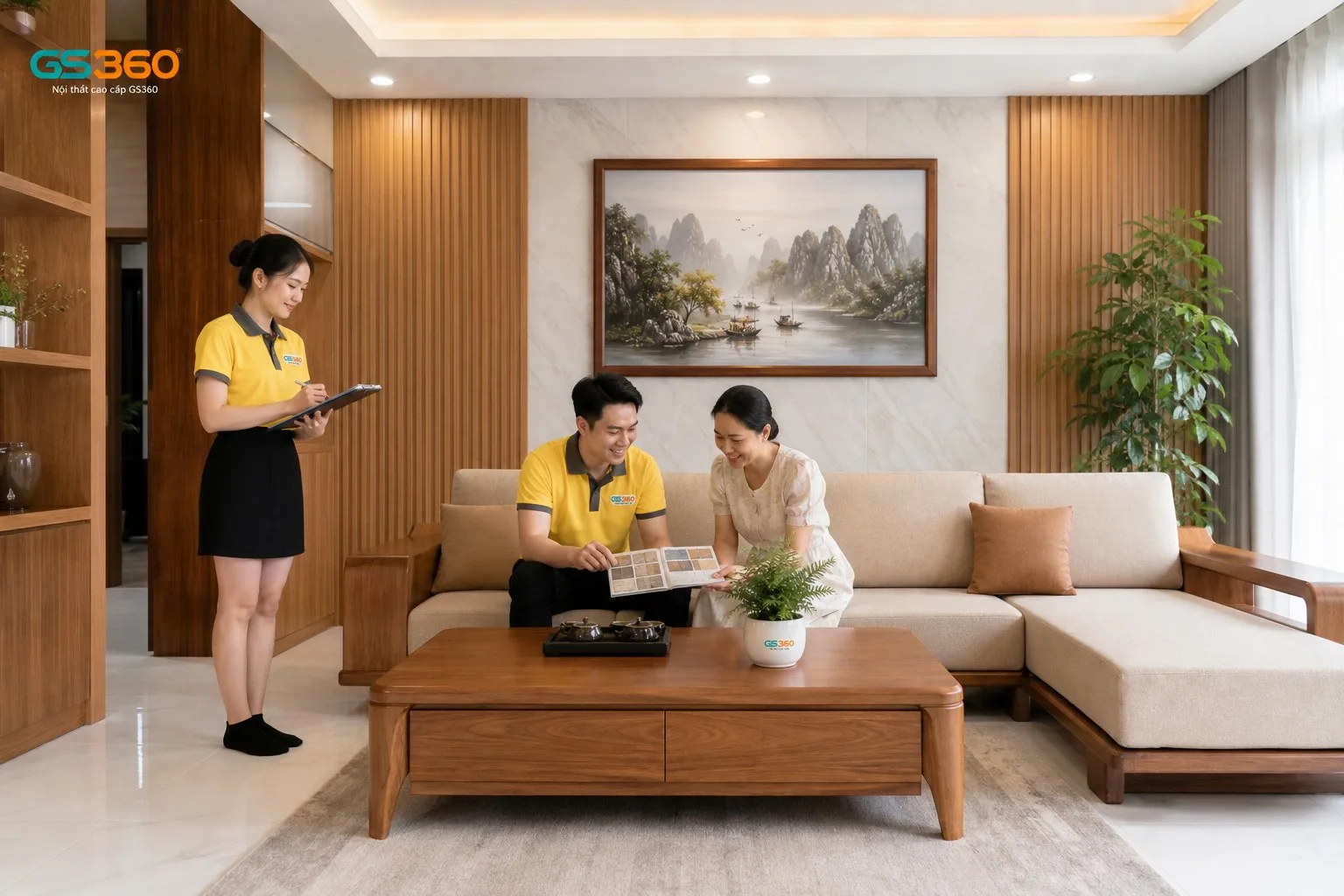 Sofa be phối bàn trà gỗ sồi phòng khách