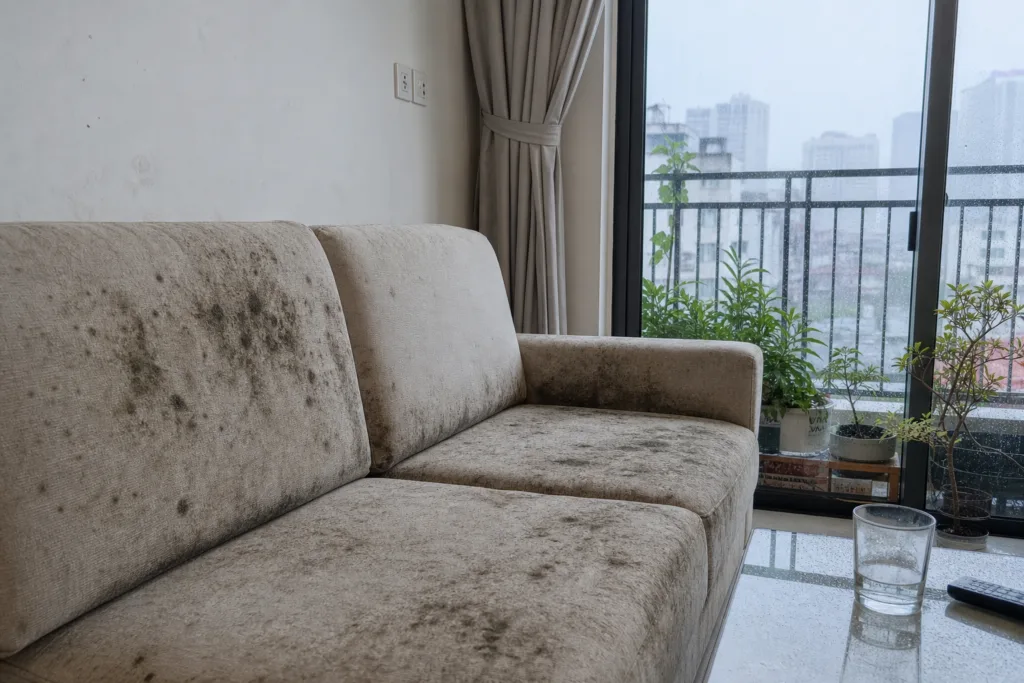 sofa vải bị mốc đen sau mùa mưa ẩm