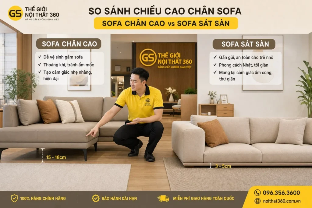 sofa chân cao và sofa sát sàn trong phòng khách