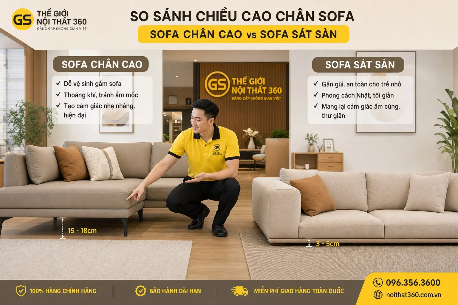 sofa chân cao và sofa sát sàn trong phòng khách