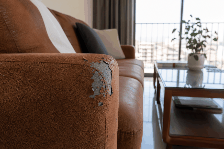 sofa da bị bong tróc cần vá tạm tại phòng khách