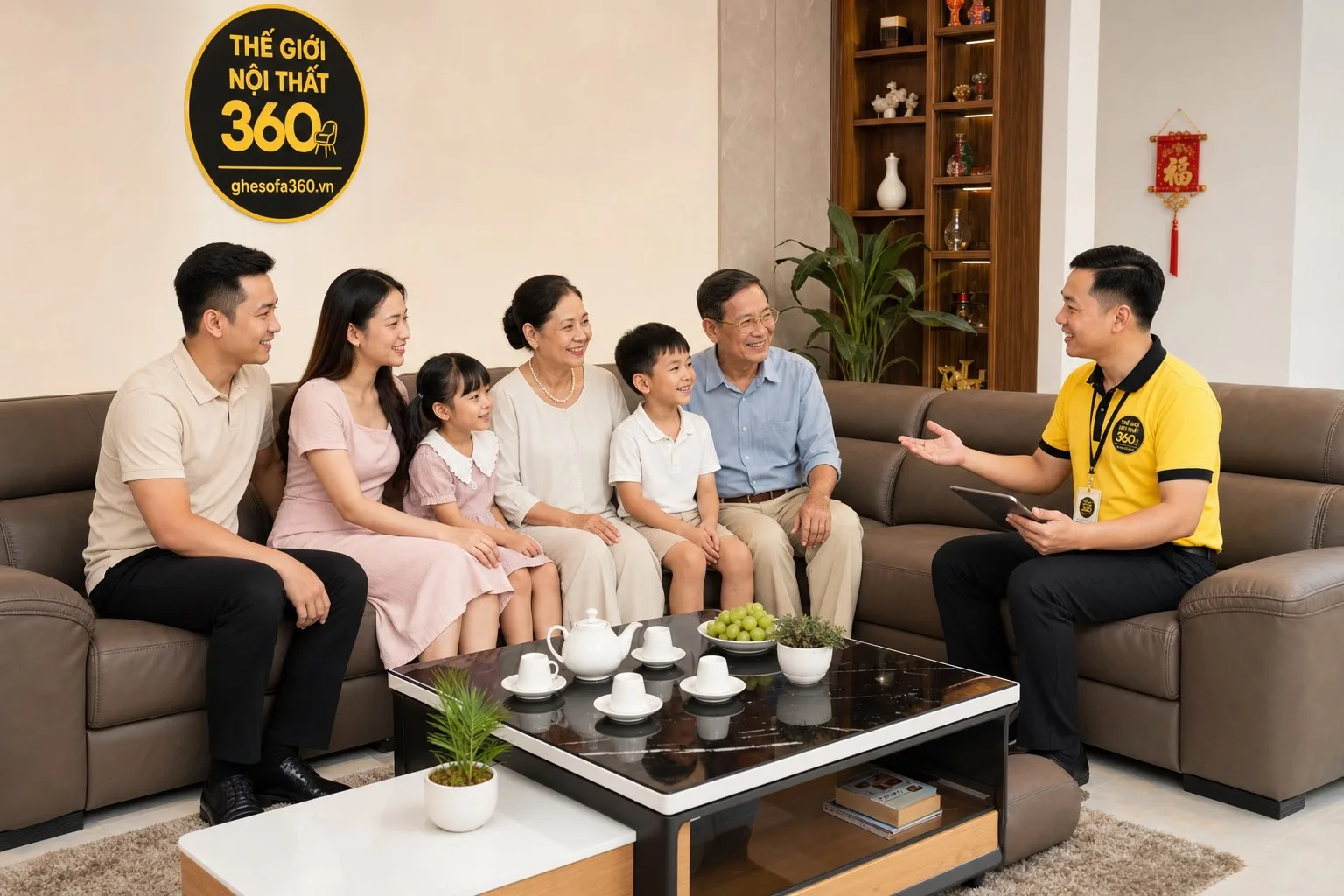 Sofa gia đình 3 thế hệ phòng khách Việt Nam