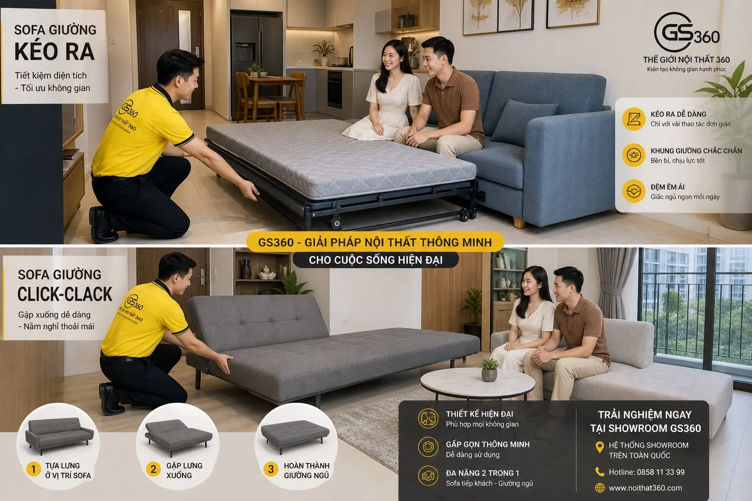 sofa giường kéo ra và sofa giường gấp xuống so sánh