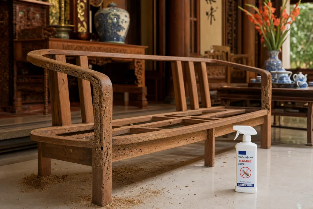sofa gỗ bị mọt lỗ nhỏ trên chân khung