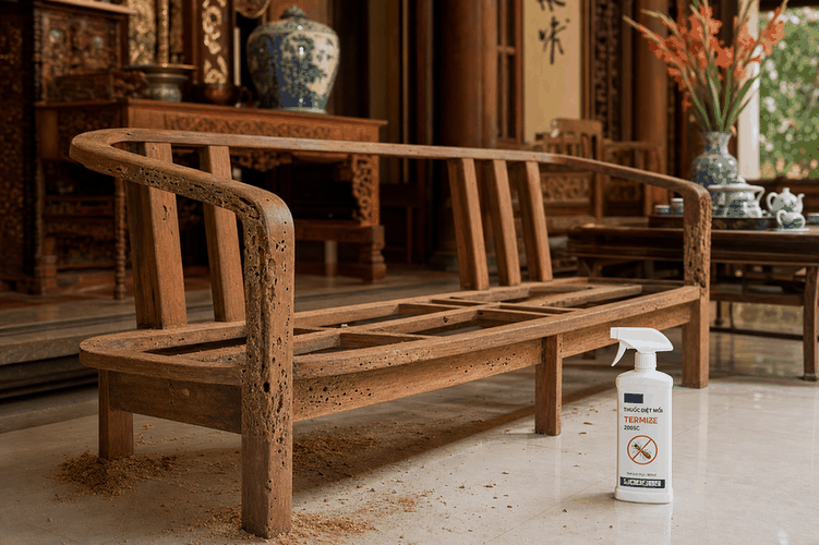 sofa gỗ bị mọt lỗ nhỏ trên chân khung