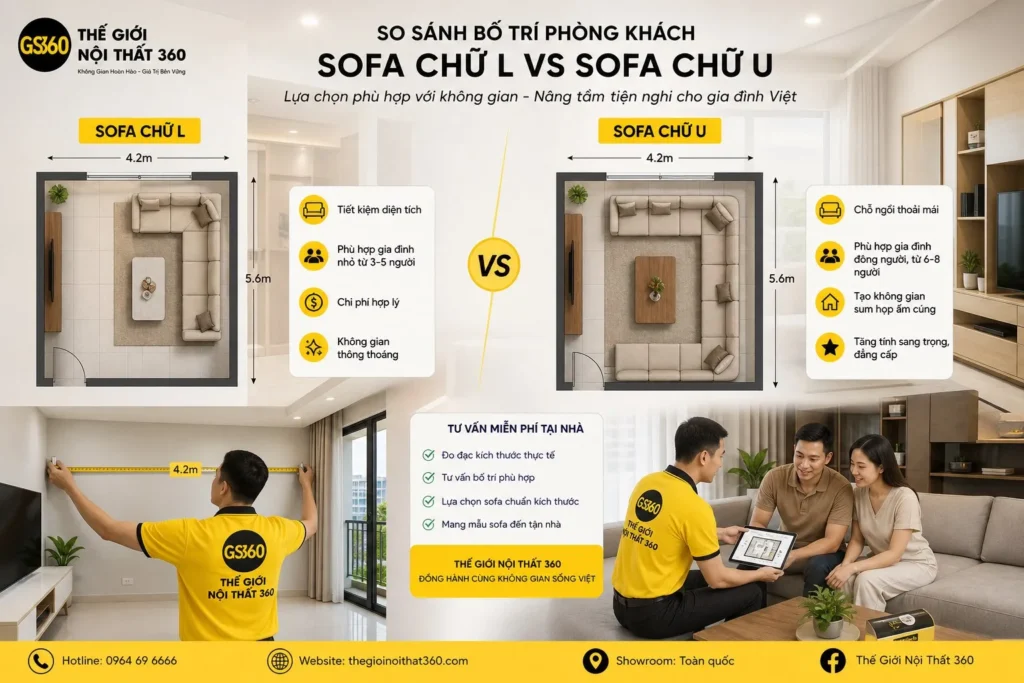 sofa góc L và sofa chữ U trong phòng khách Việt Nam