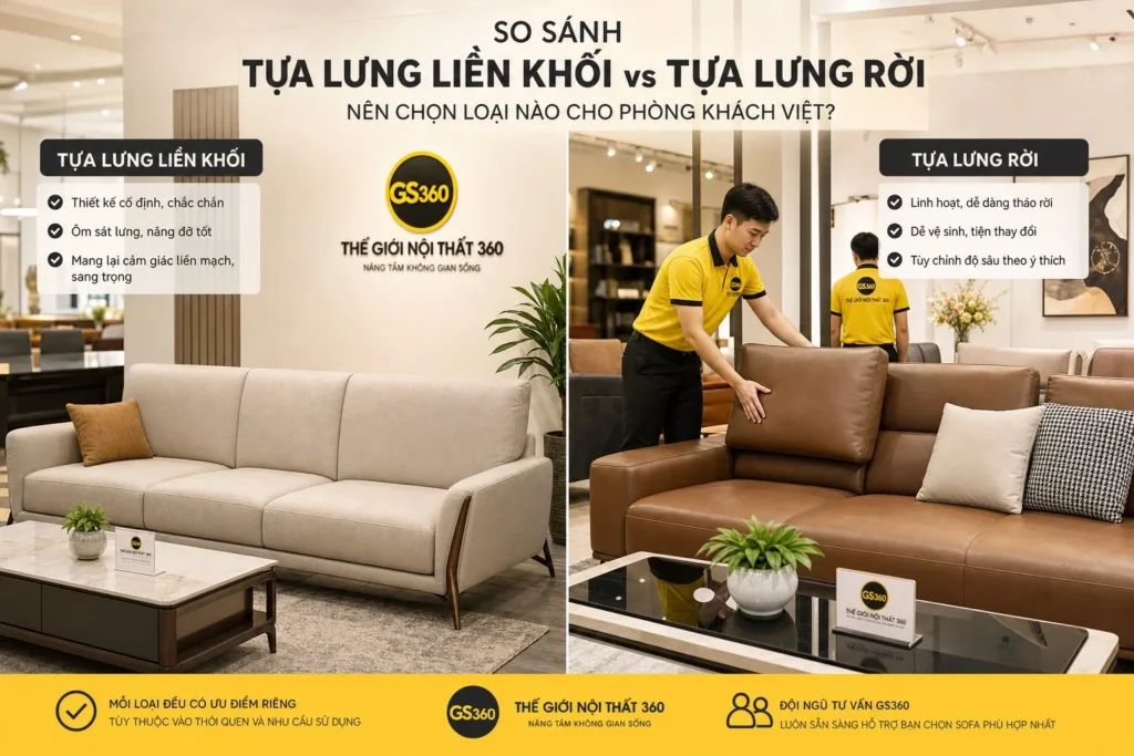 sofa gối tựa cố định và gối tựa rời so sánh