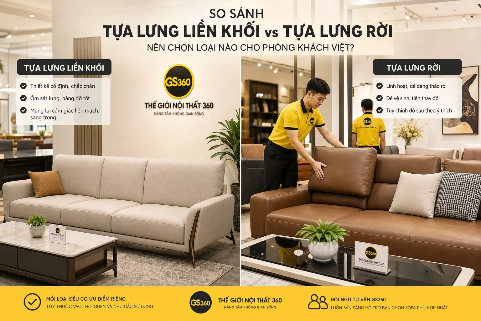 sofa gối tựa cố định và gối tựa rời so sánh