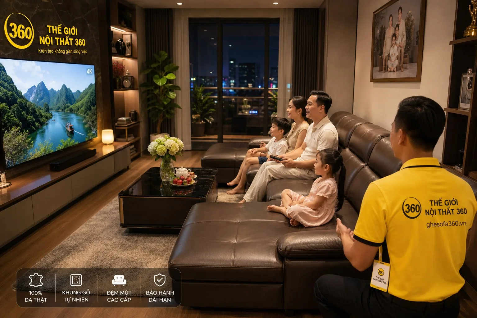 Gia đình nằm trên sofa xem phim phòng khách