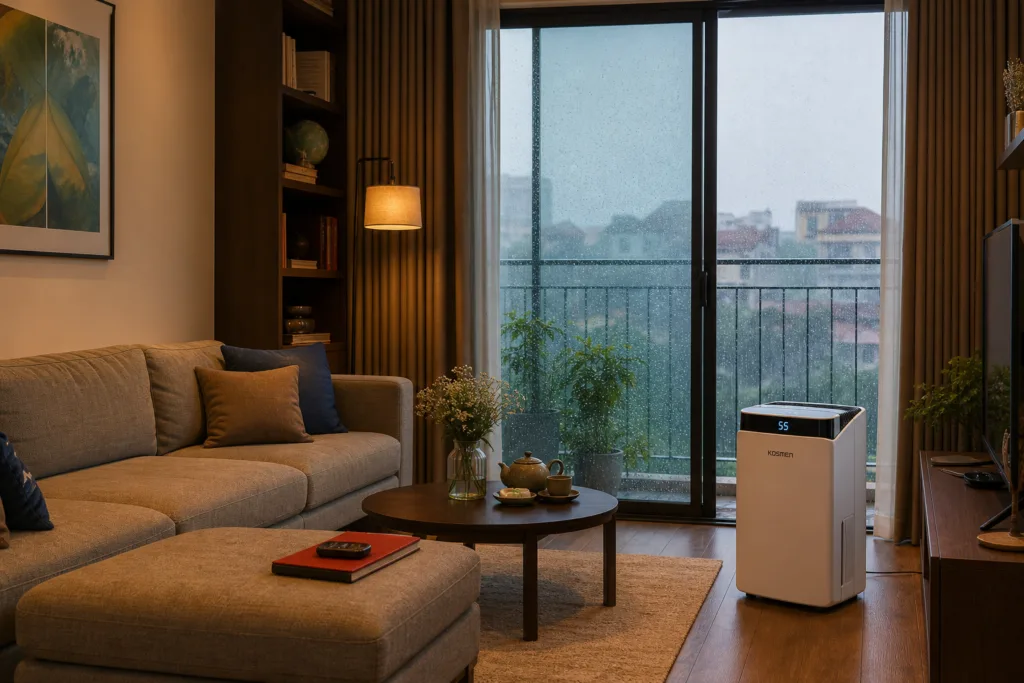 sofa hôi khi trời mưa mùa ẩm phòng khách