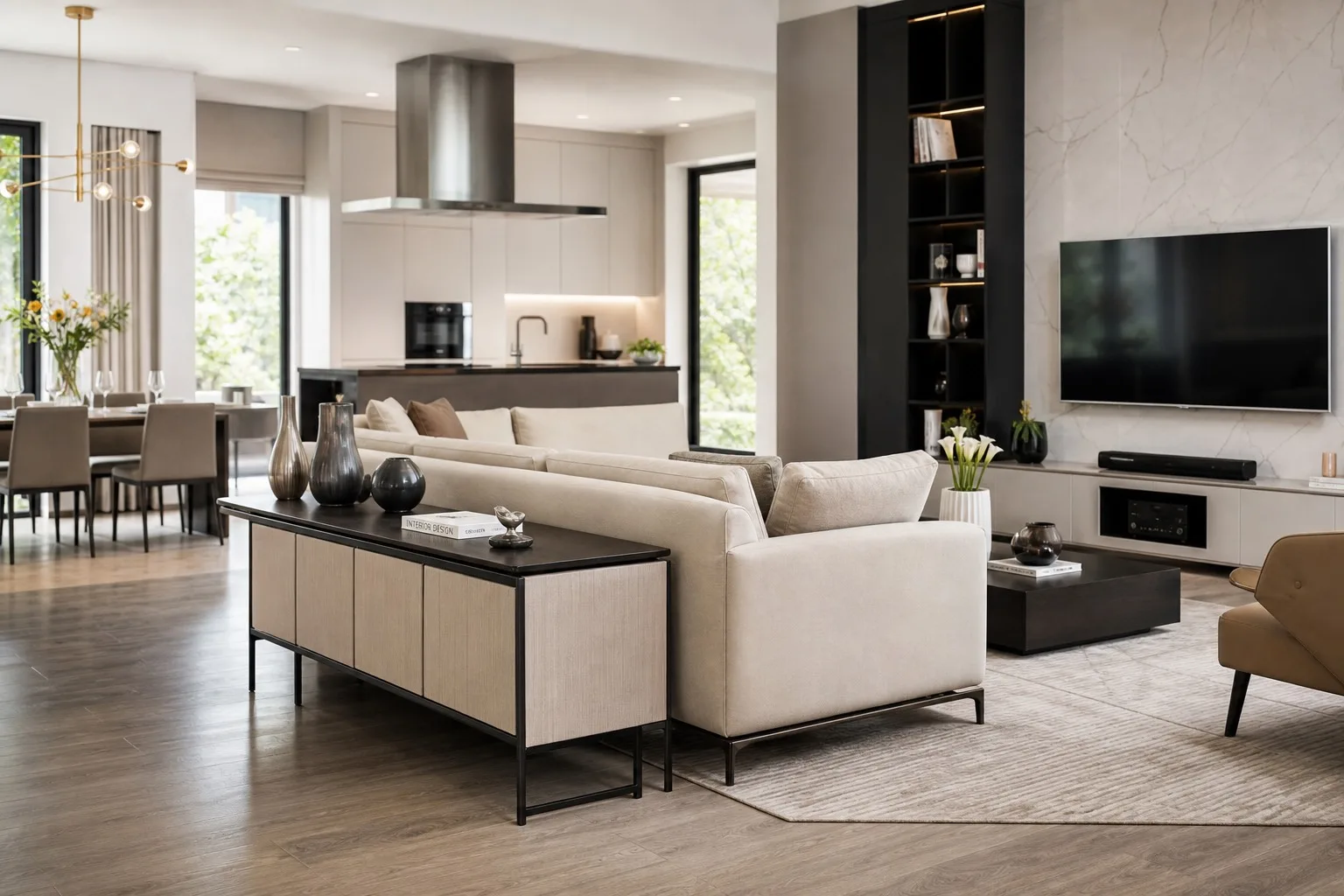 Sofa lưng hướng không gian mở với bàn console phía sau