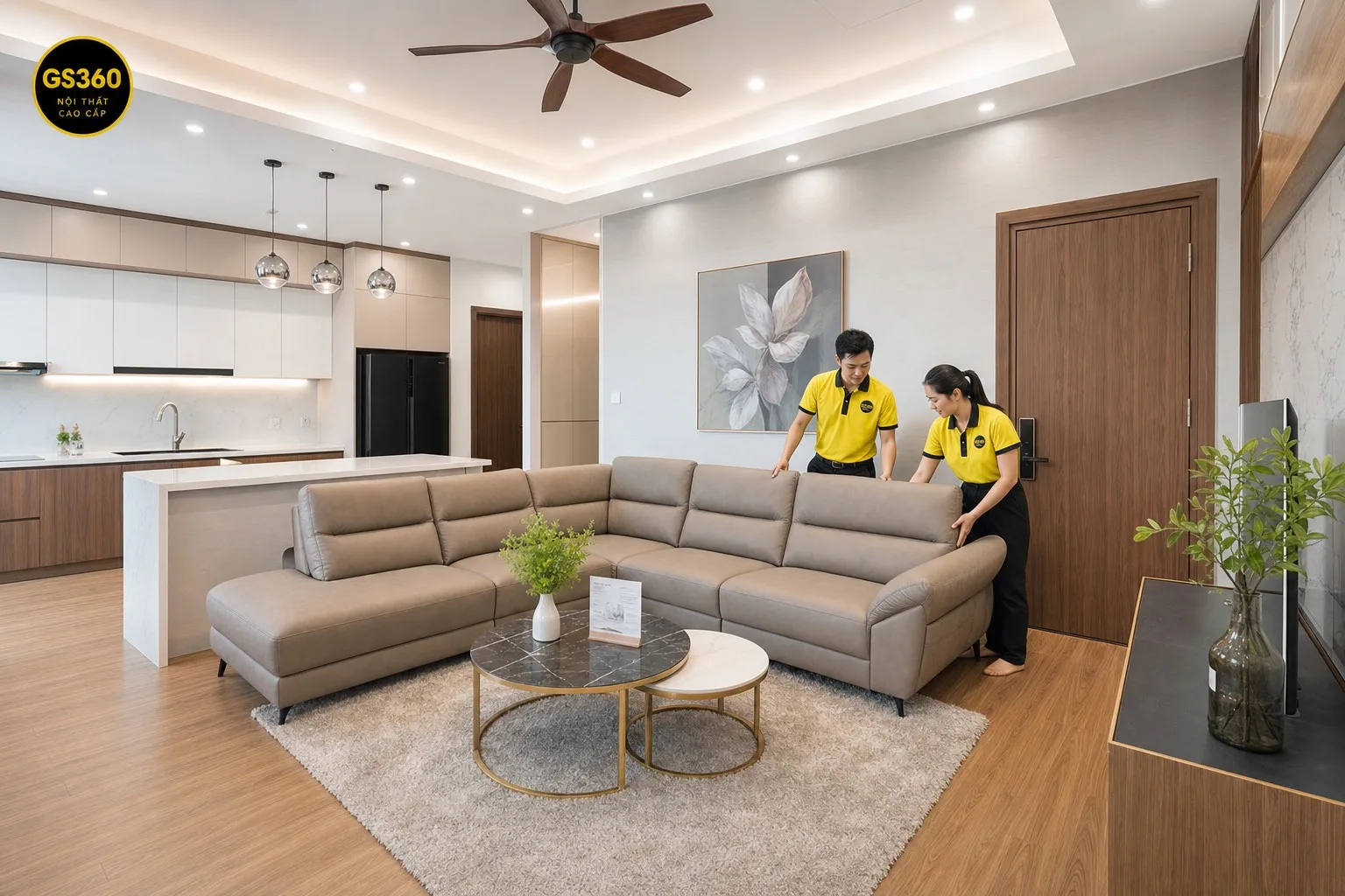 Sofa lưng cao chia vùng bếp mở phòng khách