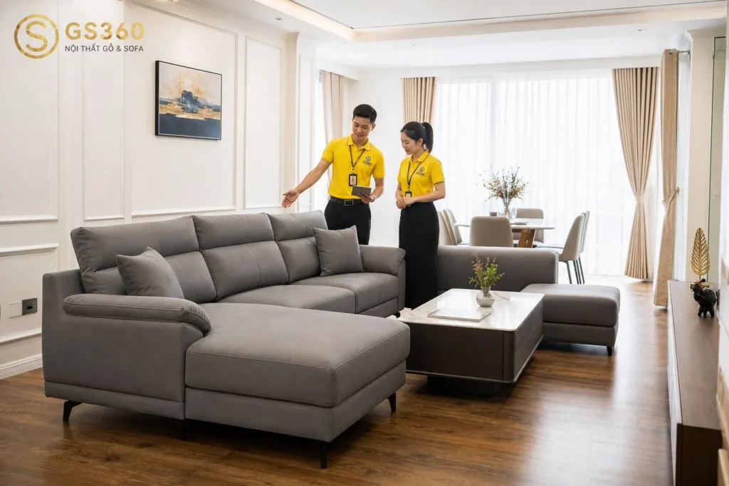 Sofa xám phối tường trắng rèm kem phòng khách