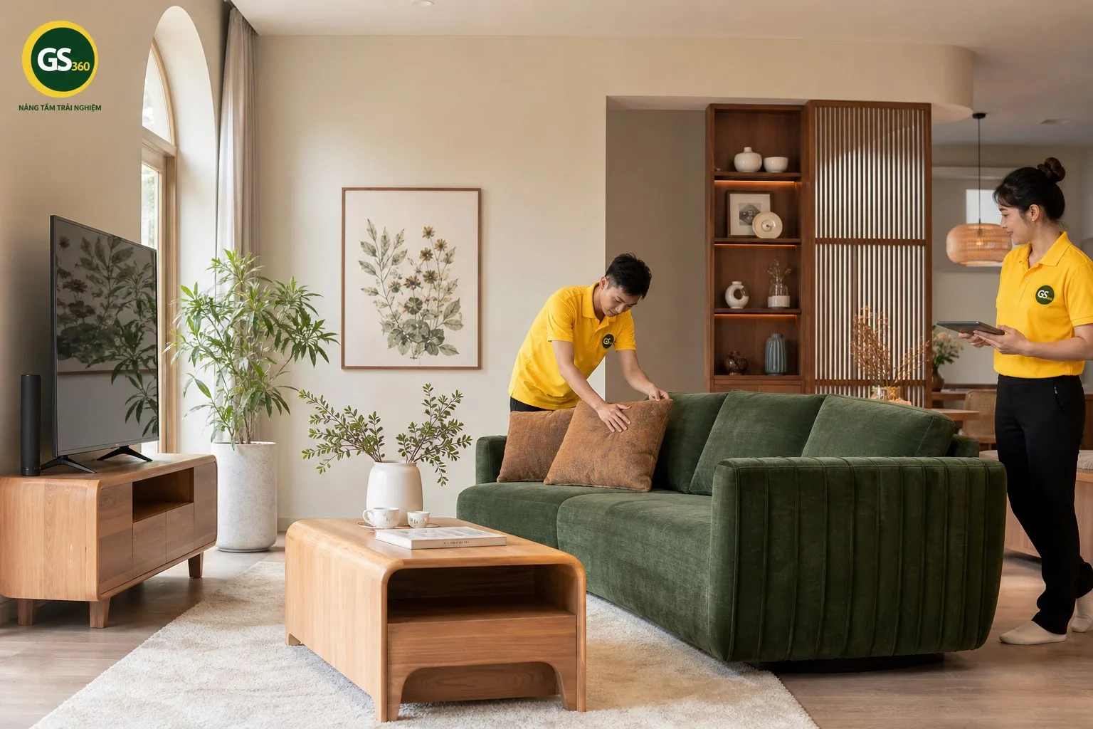 Sofa màu xanh lá phối nội thất phòng khách hiện đại