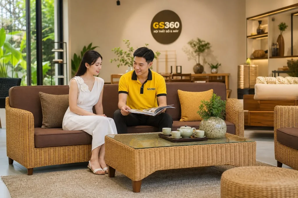 Sofa mây tre đan phòng khách phong cách tự nhiên