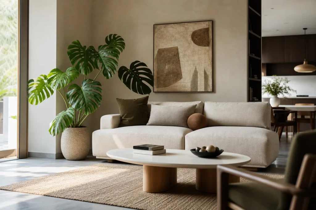 Cây Monstera cạnh sofa vải be phòng khách