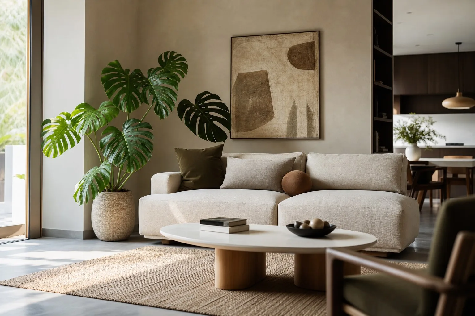 Sofa be phối cây Monstera chậu trắng phòng khách