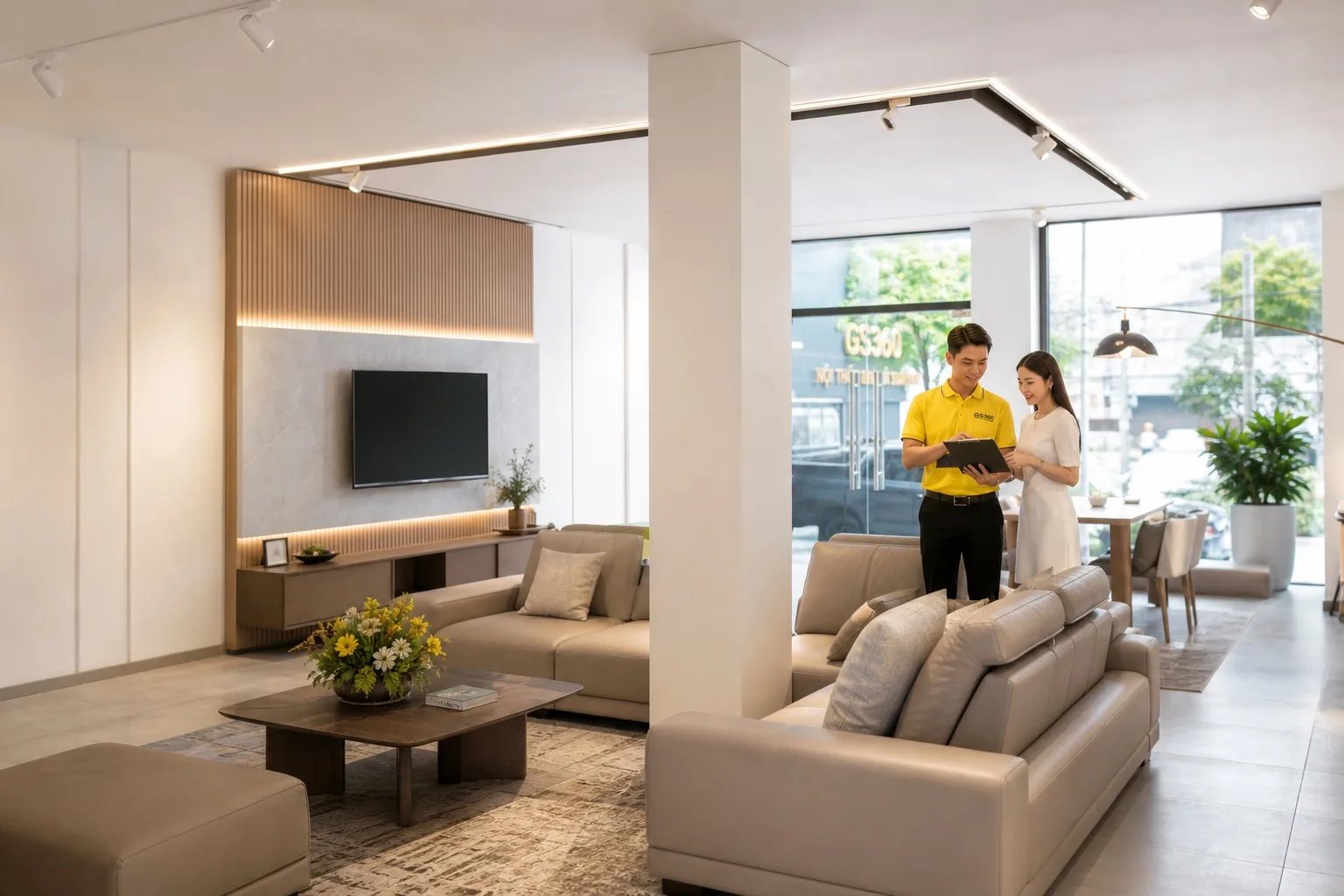 Bố trí sofa phòng khách có cột giữa