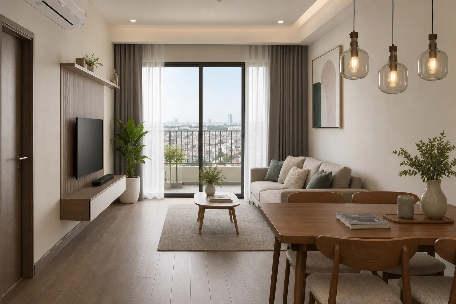 Sofa góc L compact và bàn ăn mở rộng chung cư nhỏ