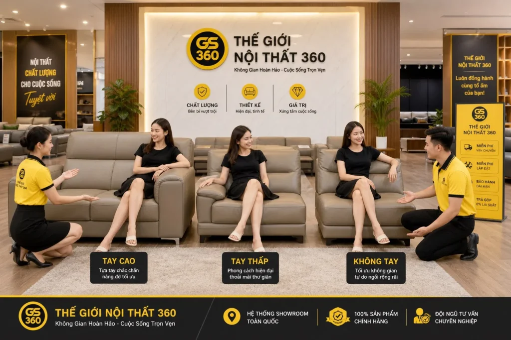 sofa tay vịn cao thấp và không tay vịn so sánh